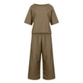 thumbnail image 3 of JFGHDG Women Summer Gauze 2 Piece Outfits Short Sleeve Crew Neck Top Elastic Drawstring Waist Wide Leg Capri Pants Vacation Matching Lounge Sets Khaki L, 3 of 3