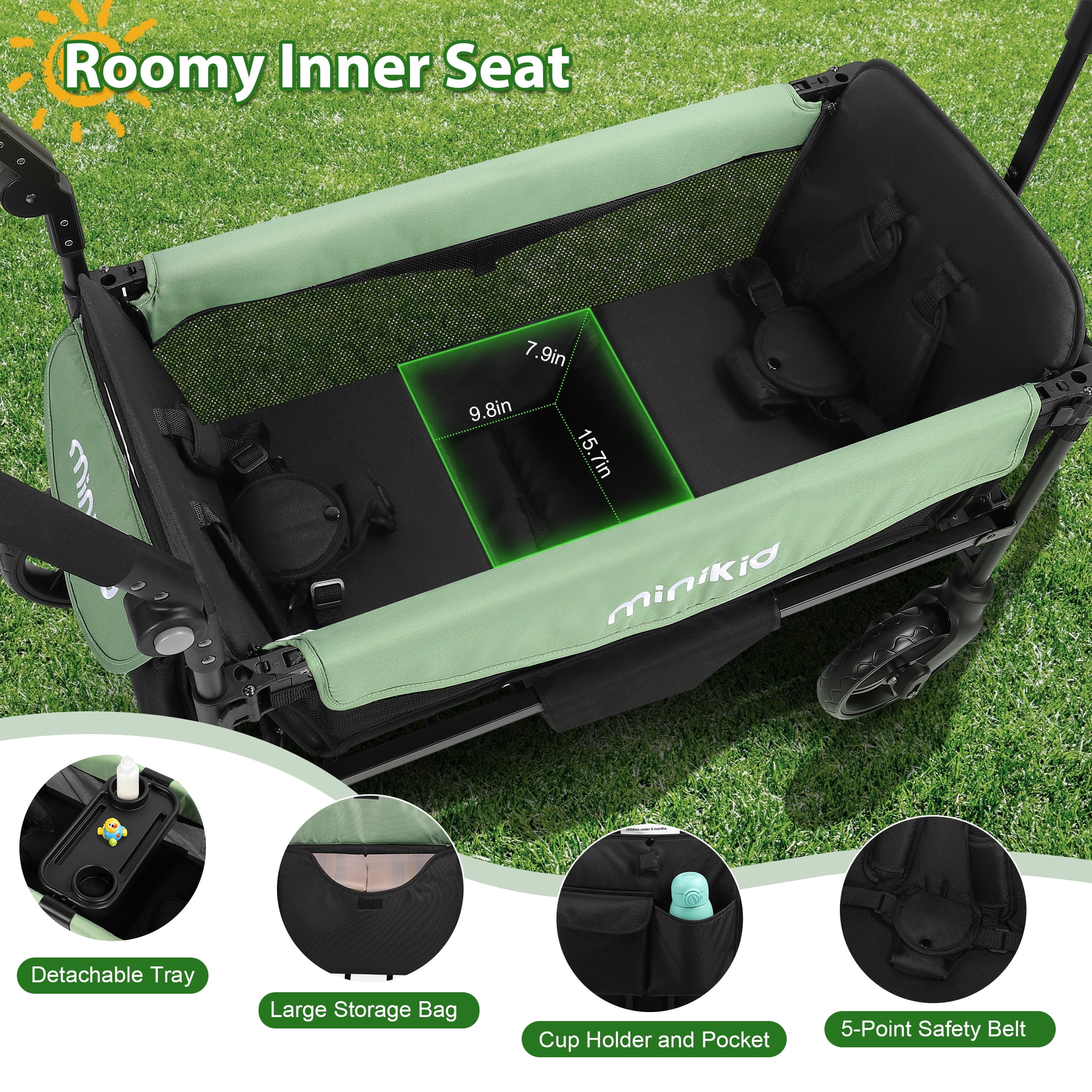 Minikid Baby Stroller Wagon for 2 Kid,Push Wagon Stroller with Canopy,Removable Dinner Plate, 5-Point Harness,Adjustable Handle Bar,Green