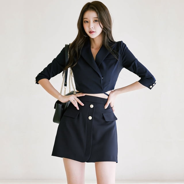 Conjunto de dos piezas nuevo para mujer, traje elegante de estilo coreano de otoño, cuello pequeño, cintura ajustada, conjunto de falda
