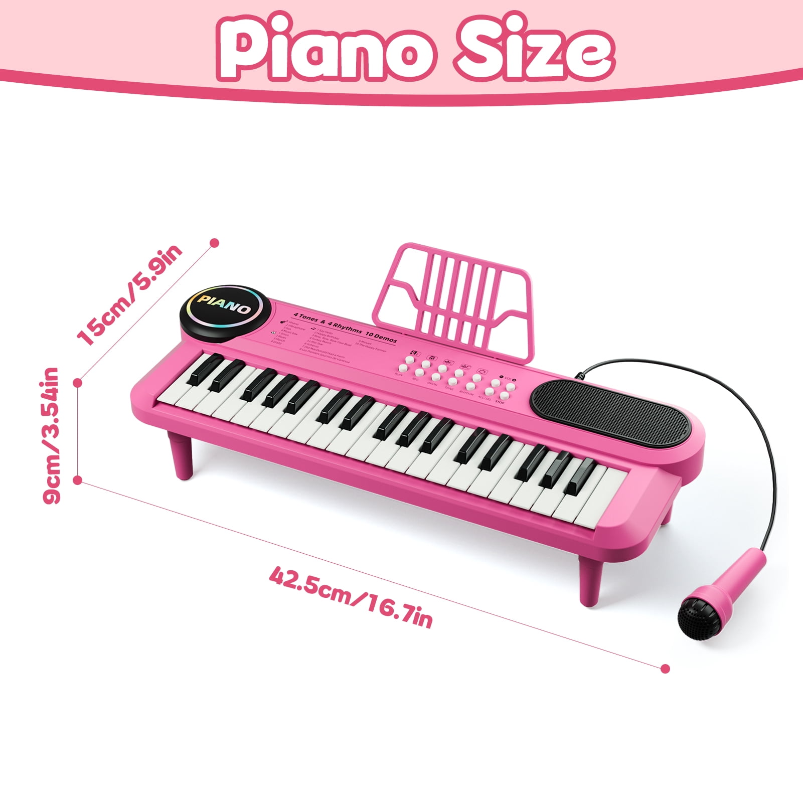 First Birthday Gifts for Girls, 37 Key Pink Piano Keyboard for Kids Toys for 12+ Months Olds Girls, Musical Piano with Microphone & Music Stand, Portable Electronic Instrument Gifts for Toddlers 1-3