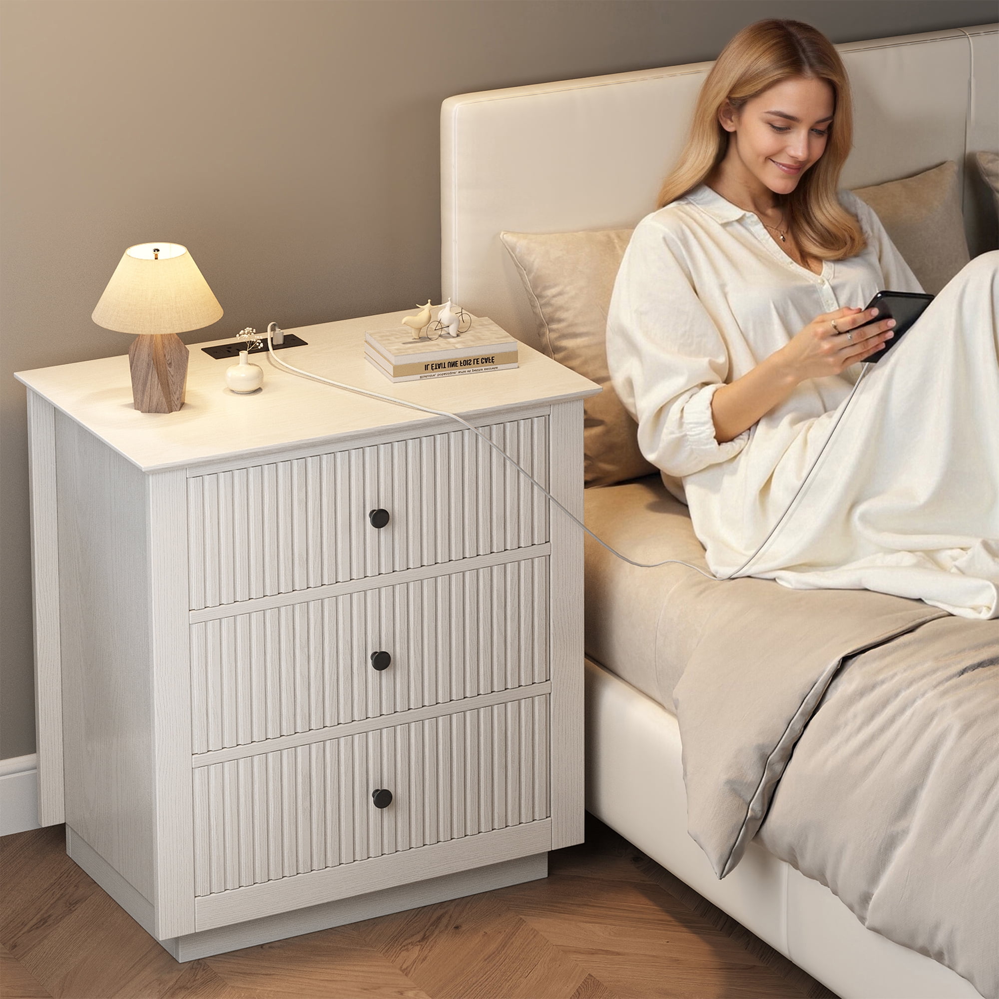 IDEALSOUL Nightstand, 24" Wide End Table with Storage, Fluted Nightstand with USB Charging Station, Large 3 Drawers nightstand for Bedroom Living Room(1pc, White)