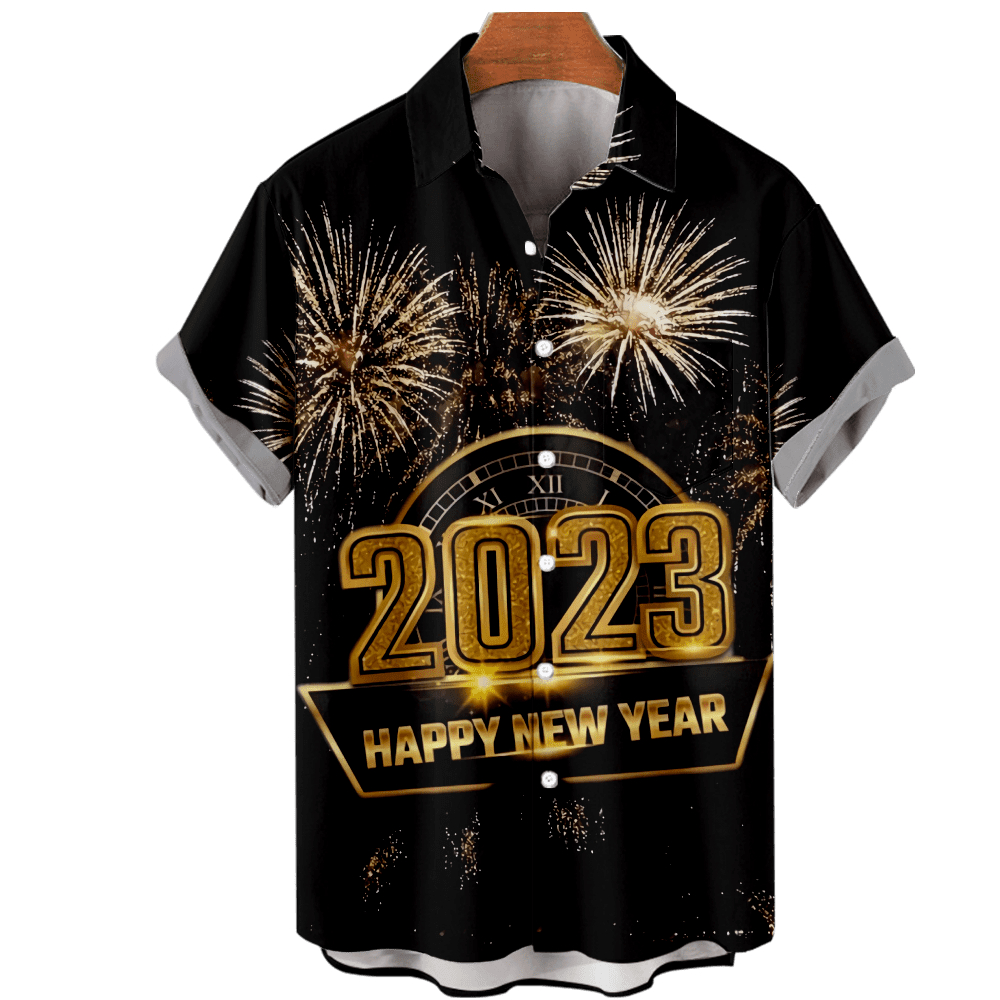 Men's Vintage Bowling Shirt Short Sleeve Happy New Year Print Hawaiian ...