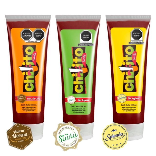 Salsa Chilito Sirilo Paquete 3 tubos squeeze 300 ml endulzados con Stevia, Splenda y Azúcar Morena respectivamente