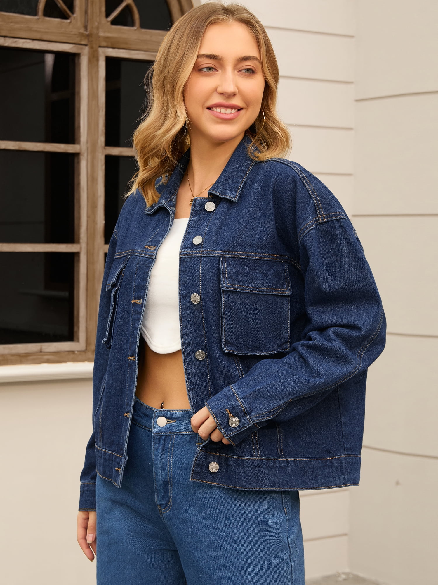 Unique Bargains Women's Button Down Cargo Pockets Denim Western Outfits M Dark Blue