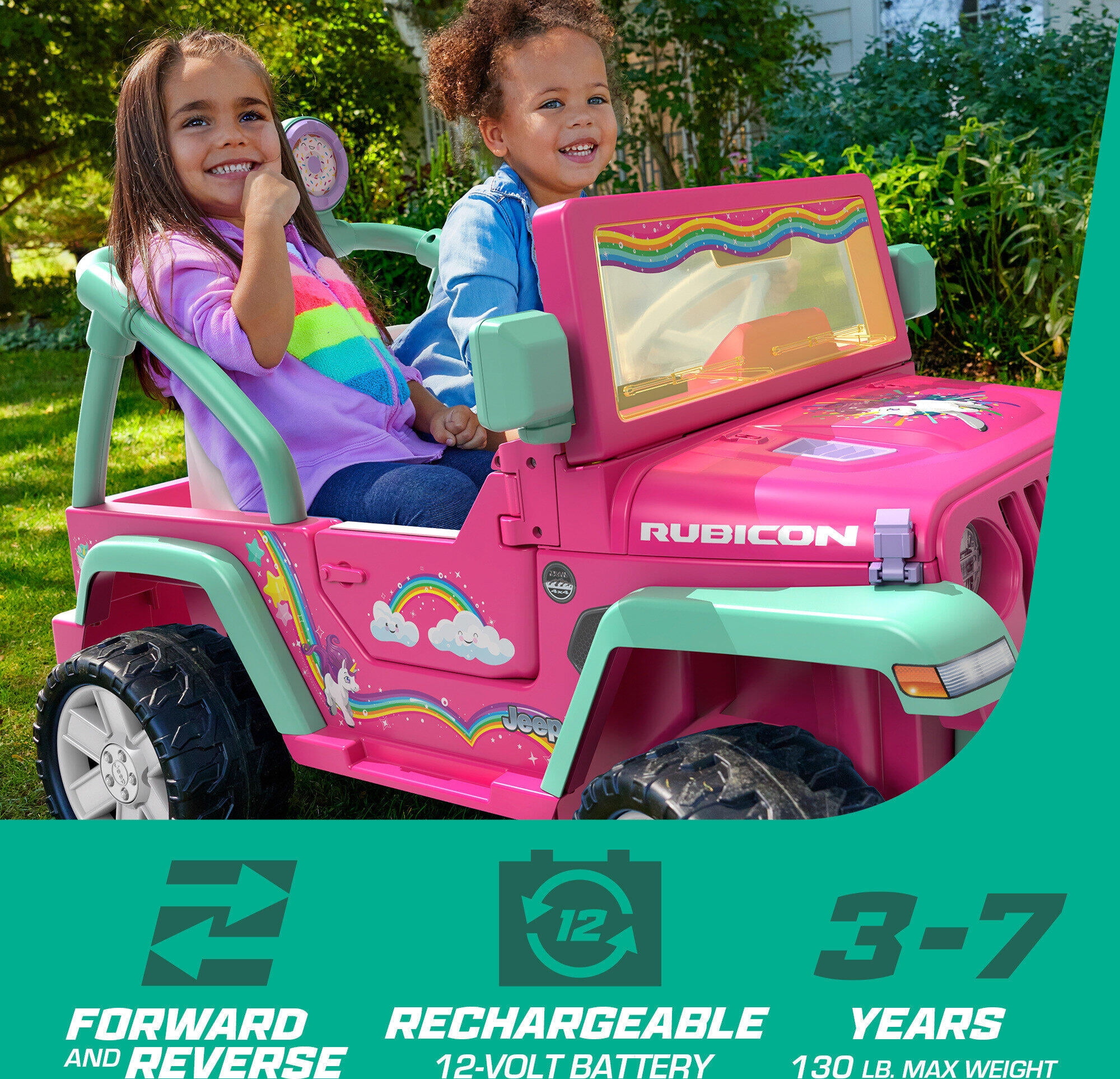 Power Wheels Rainbow Unicorn Jeep Wrangler Ride-on Toy, 12 V, Max Speed: 5 mph