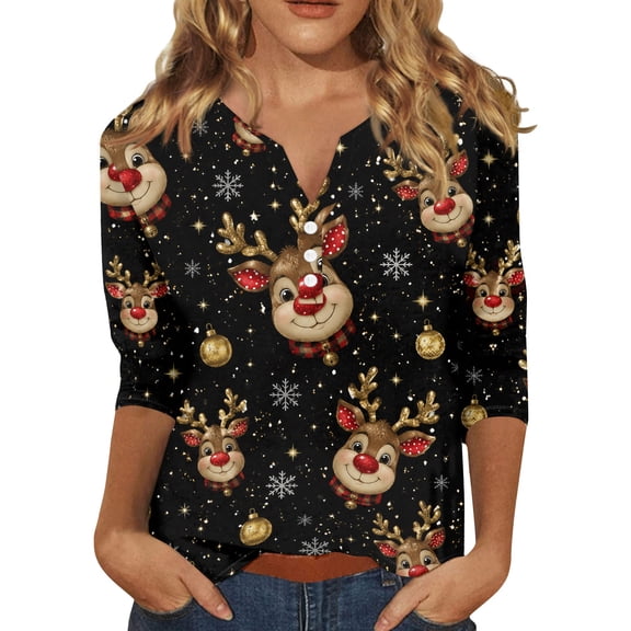 Trgacdwlo Christmas Henley Shirts for Women Santa Claus Pattern Womens Tops 3/4 Sleeve V Neck Button Festival Xmas Blouses for Women