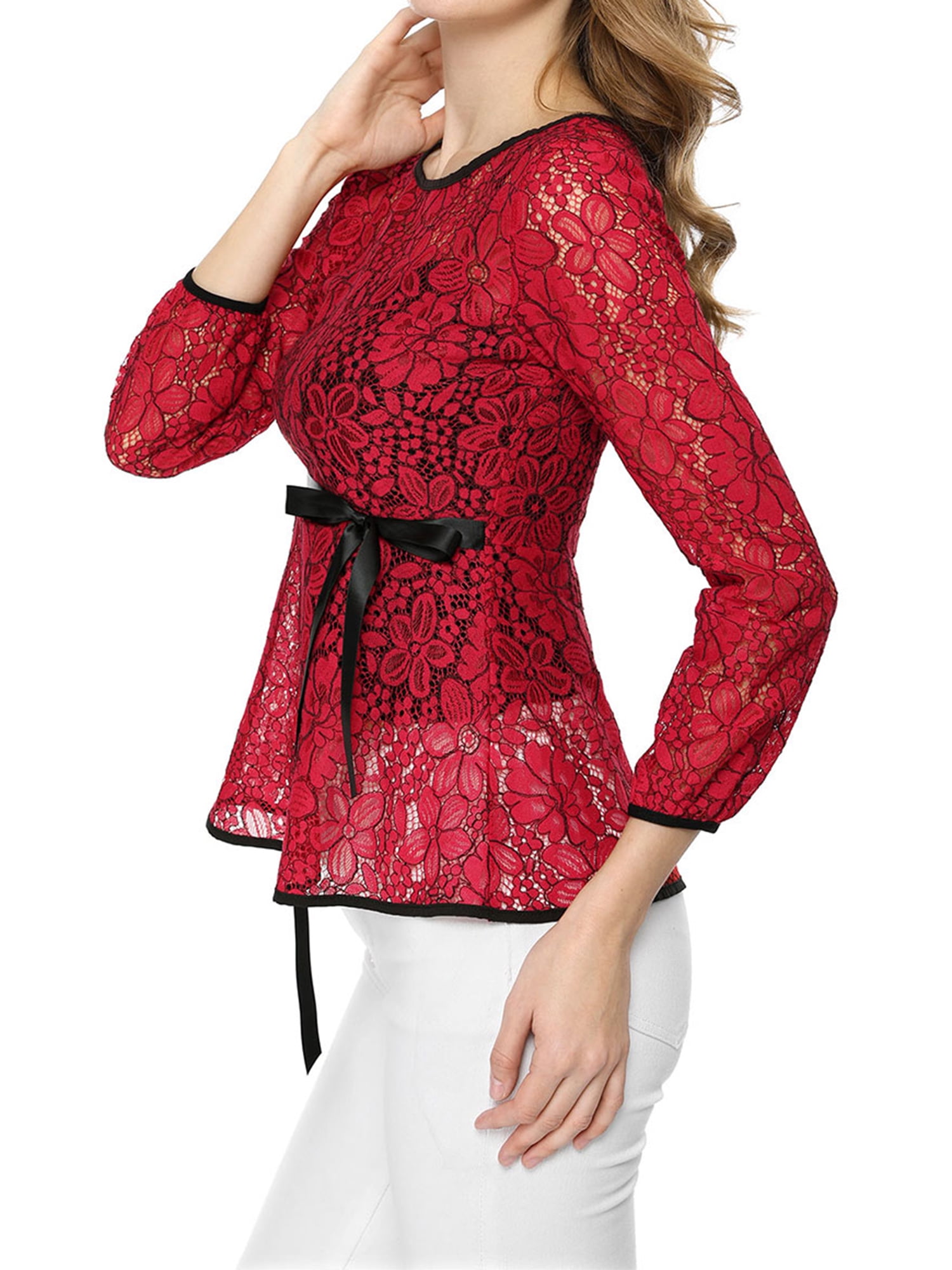 DARING DIVA Self-Tie Waist Semi Sheer Peplum Top M Red