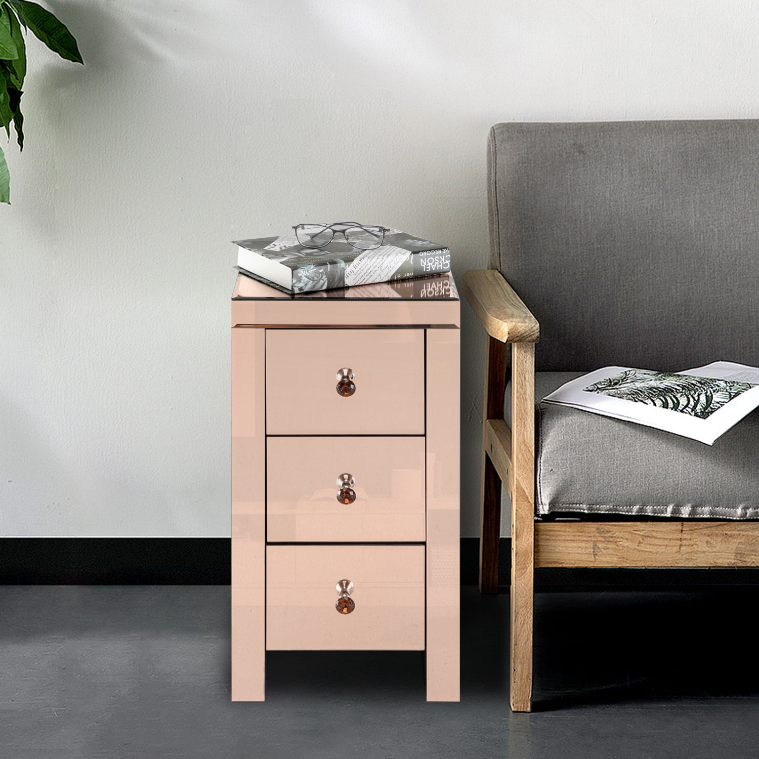 Mirrored Glass Bedside Table With Three Drawers Rose Walmart Com Walmart Com