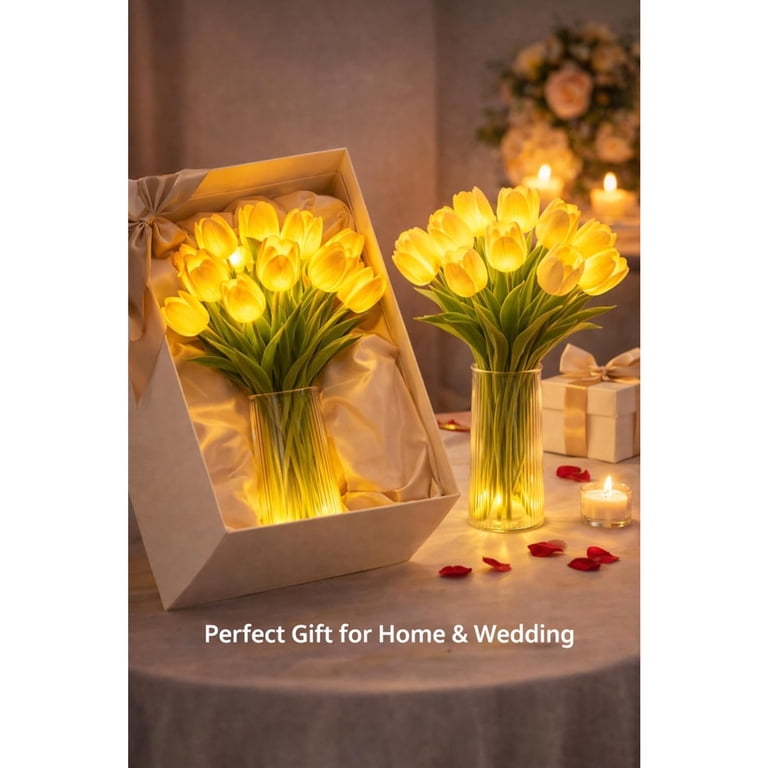 Radiant Romantic Tulip Light With Vase – 15-Pack Twinkling LED Artificial Flowers, Never-Fade PU Petals, USB/Battery For Bedroom, Wedding, Gift