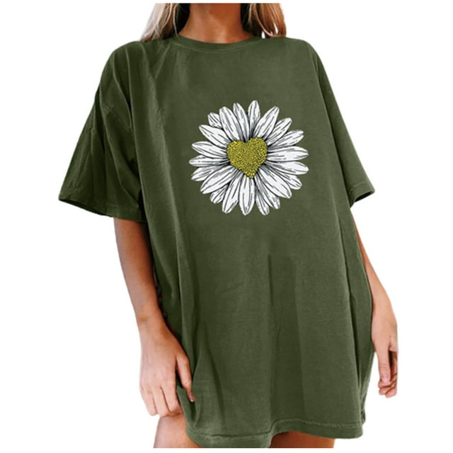 Hauts d'Été pour Femmes 2023 T-shirt à Manches Courtes Imprimé Petite Marguerite Col Rond Ample Blouse Pull