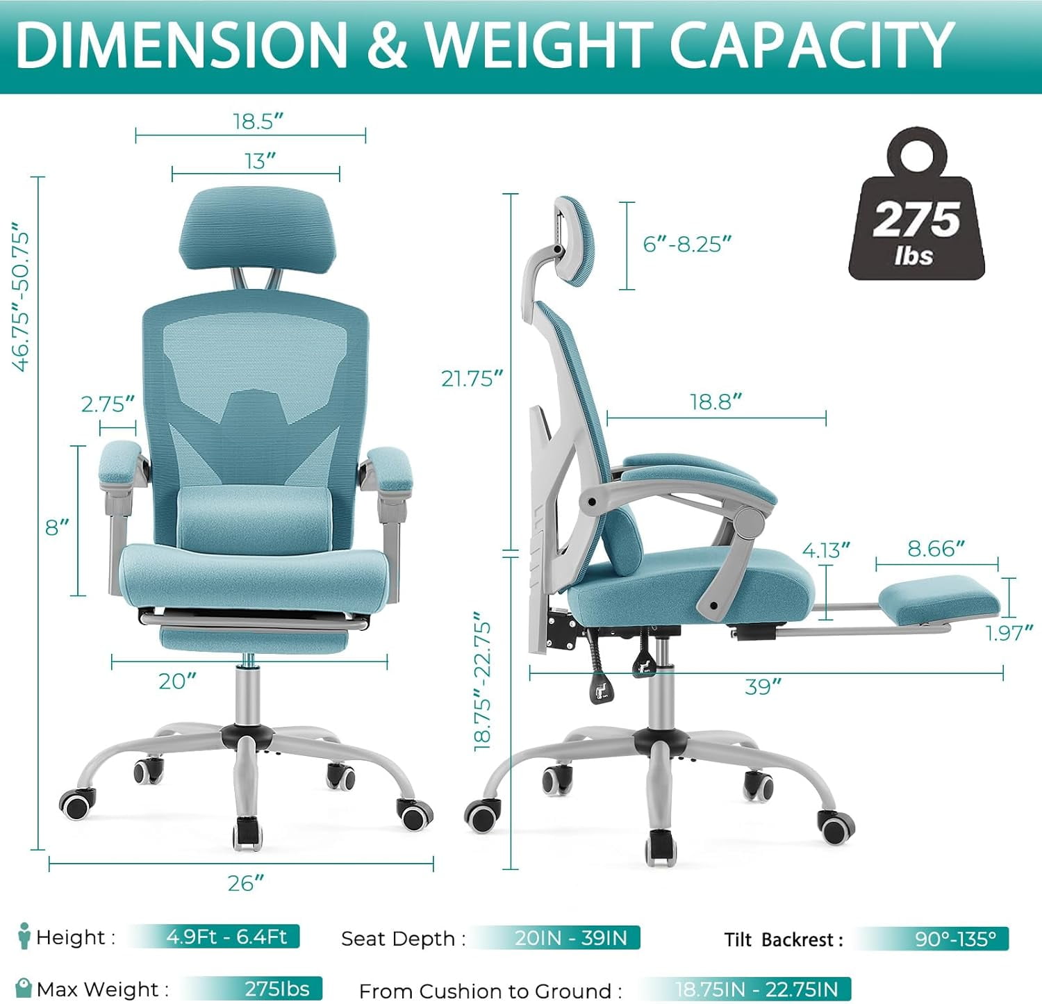 Atilioo Ergonomic Office Desk Chair with Adaptive Lumbar Support, Headrest & Retractable Footrest, Breathable Mesh Rolling Swivel Chair for Back Pain Relief, Blue