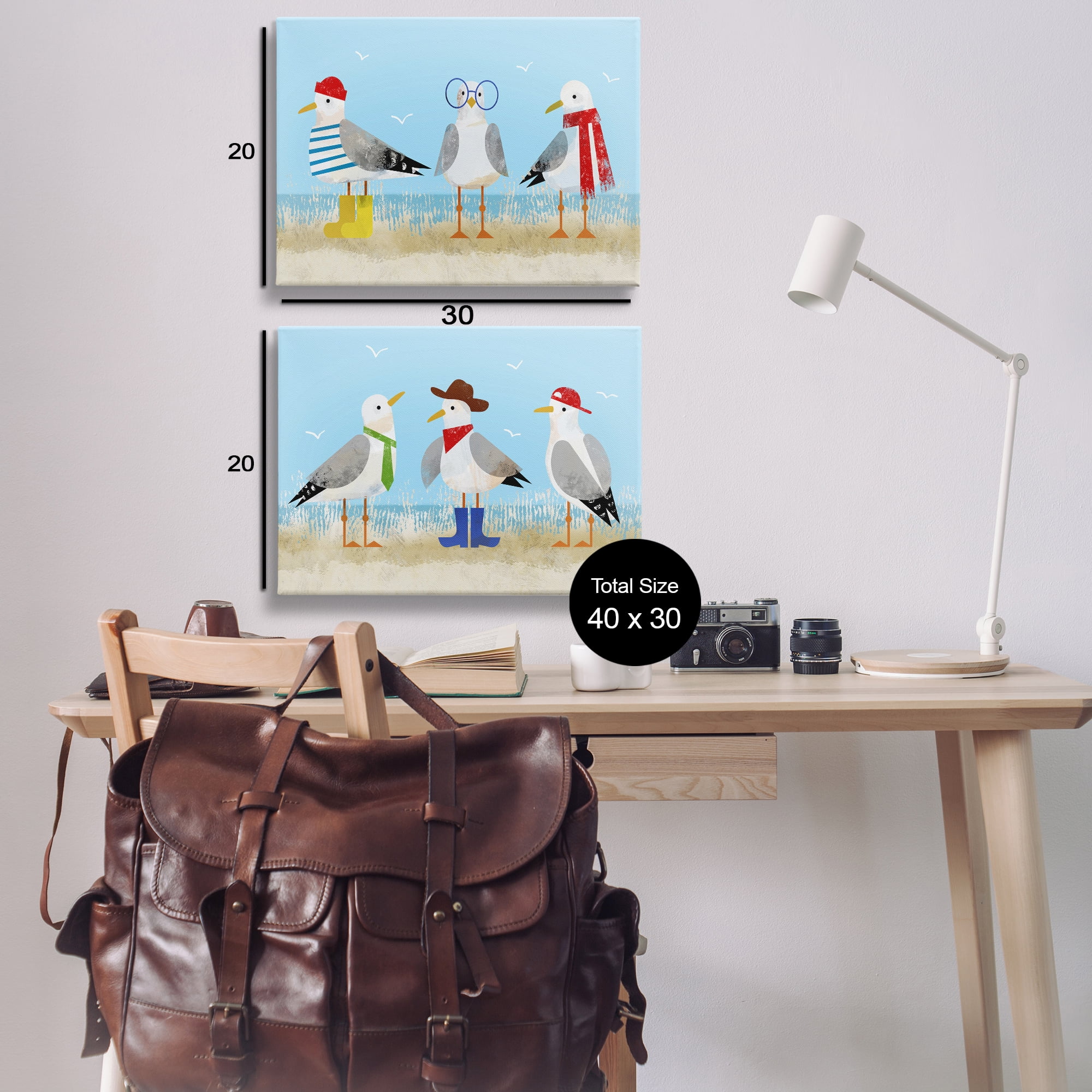 Stupell Industries Stylish Seagulls at Beach Animals Painting Wrapped Canvas Art Print Wall Art, 30 x 20, Set of 2