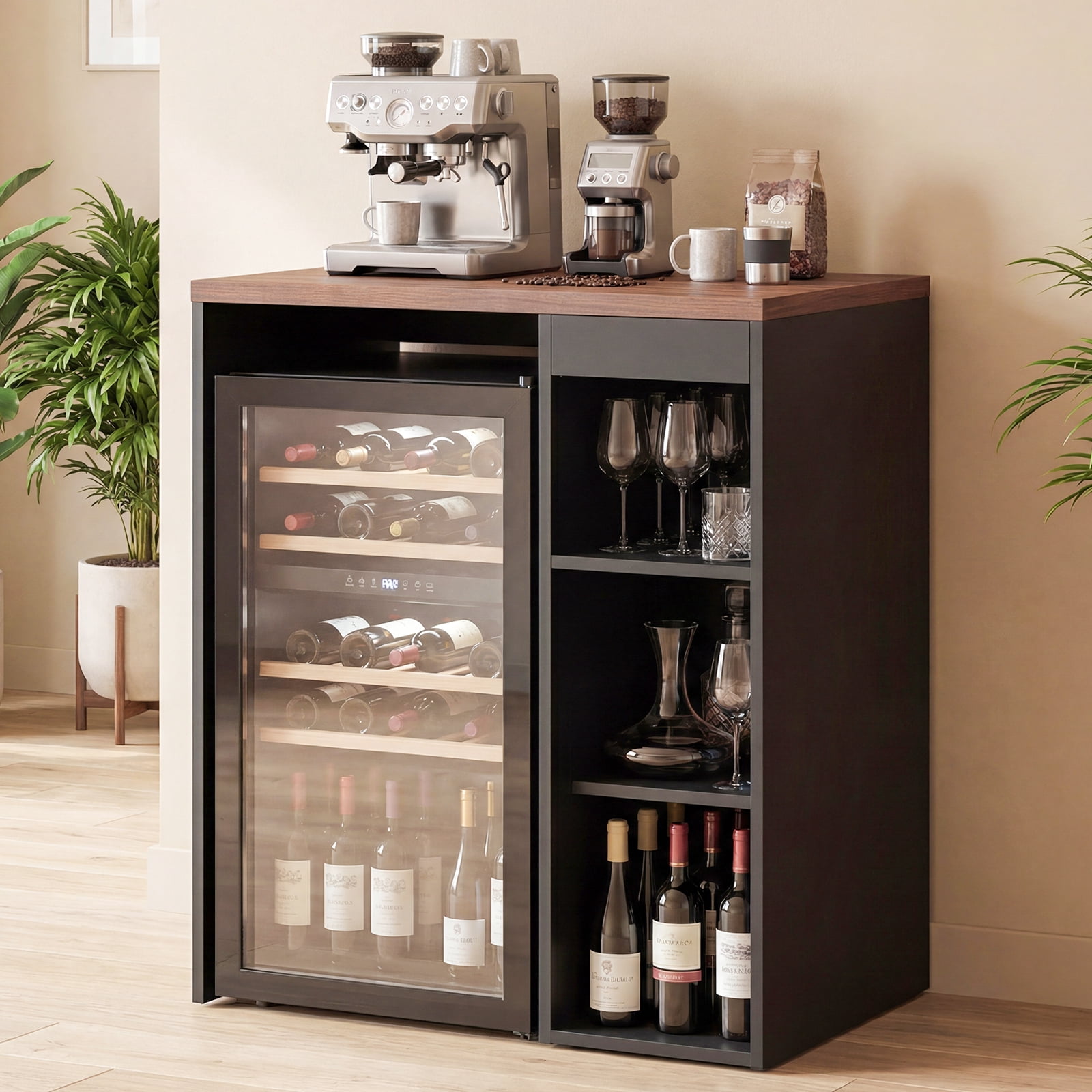 Advwin Coffee Bar Cabinet with Mini Fridge Space, Mini Fridge Stand with Drawer & Adjustable Shelf for Dorm, Kitchen, Office, Apartment, Home Bar, Black+Walnut