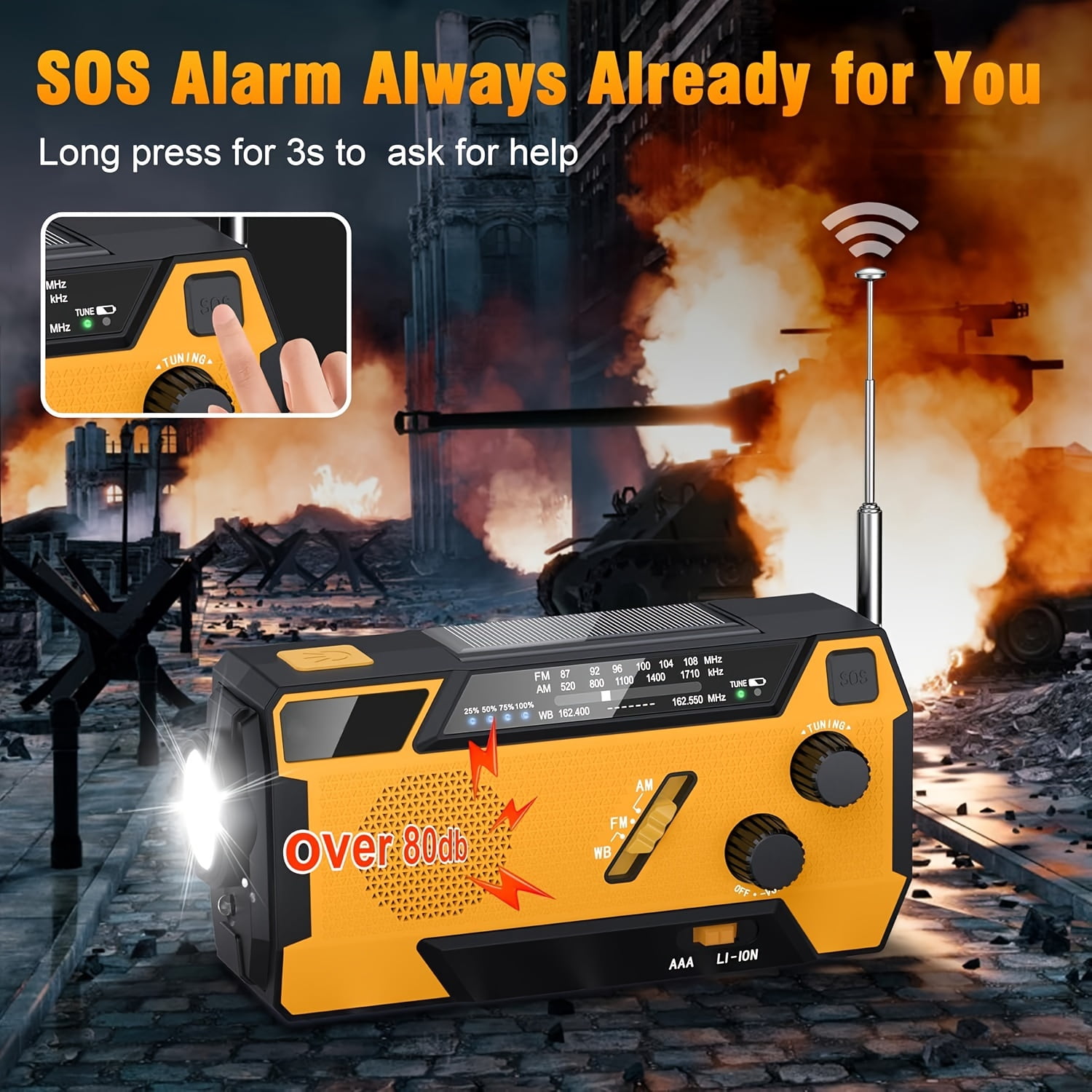 Greadio Emergency Weather Radio, Solar Powered NOAA Hand Crank Radio with Flashlight, Portable Radio, Retail Packaging, Orange, 1 Count