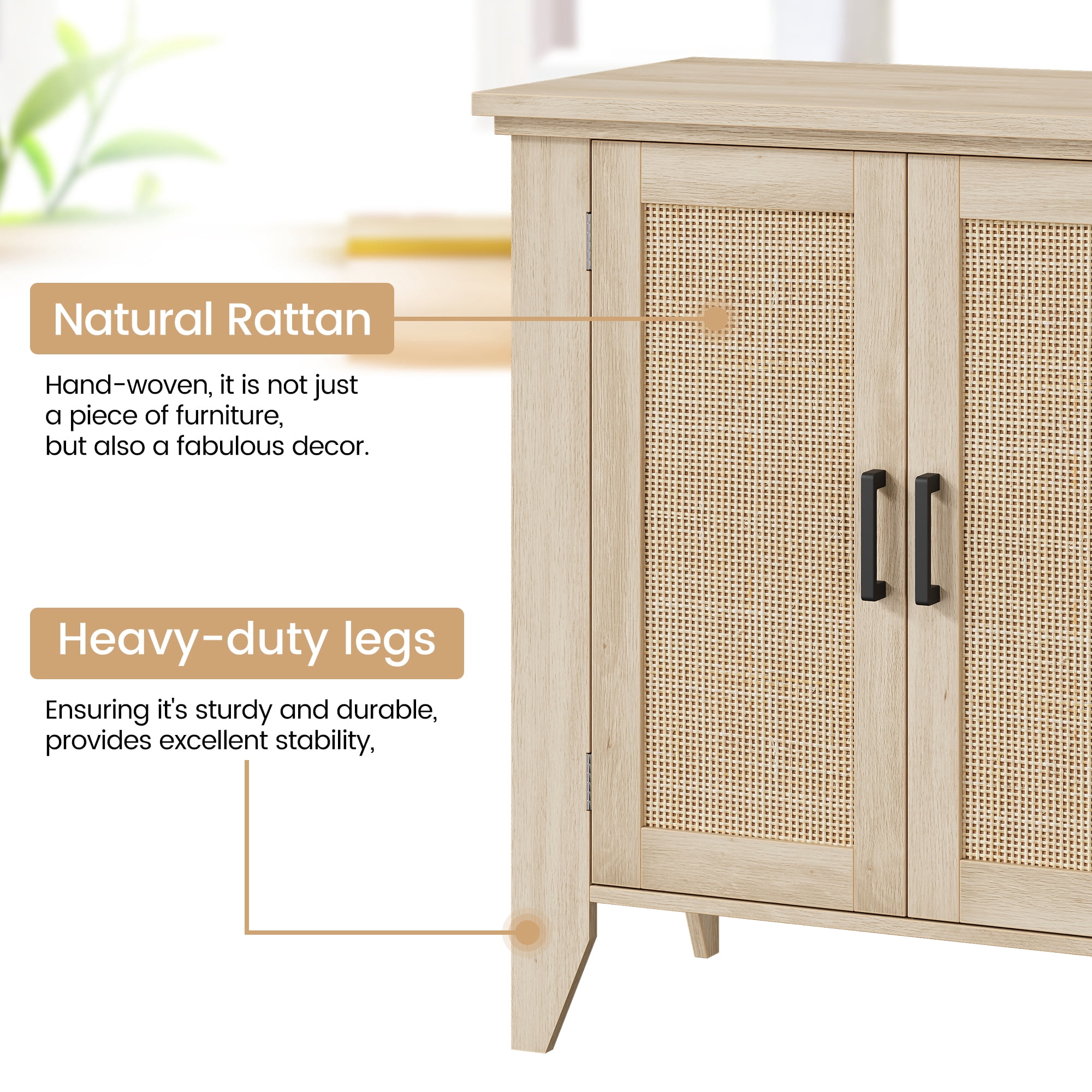 Buffet Cabinet,Rattan Storage Cabinet with Door and Adjustable Shelf,Kitchen Console Cabinet with Storage Space,Suitable for Dining Room,Bedroom,Hallway