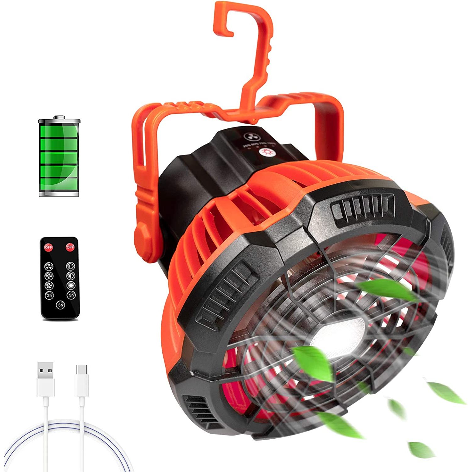 Portable Camping Fan with LED Lantern, 5200mAh Rechargeable Tent Light Fan with Remote Control