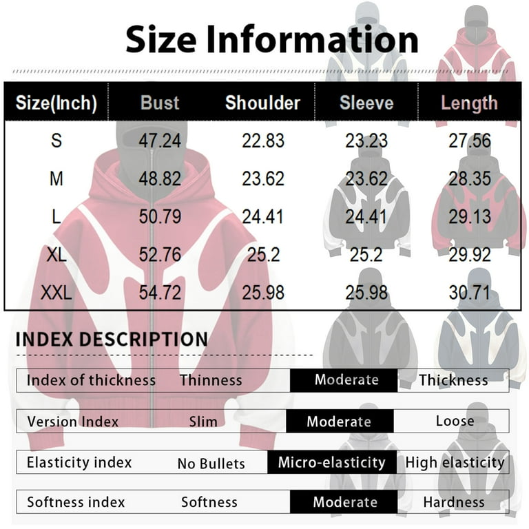 Domuza Balaclava Hoodie Men Double Layer Hooded Full Zip Windproof Jacket with Eye Mask Fall Winter Thermal Stylish Y2k Outerwear Red M