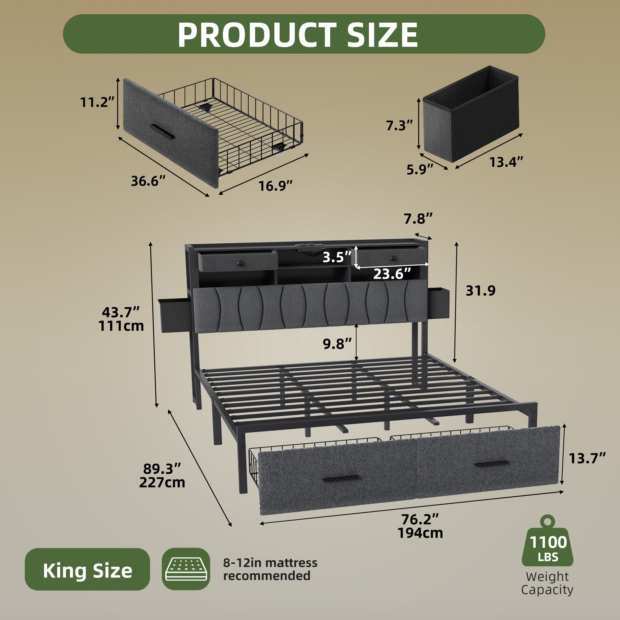 Uforic King Size PU Leather Platform Bed Frame with 3-Tier Storage Headboard 2 Underbed Rolling Drawers & Side Storage Boxes, No Box Spring Required, Gray