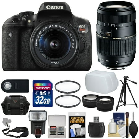 Canon EOS Rebel T6i Wi-Fi Digital SLR Camera & 18-55mm IS STM with 70-300mm Di Lens + Case + 32GB Card + Tripod + Strap + Flash + Tele/Wide Lens Kit