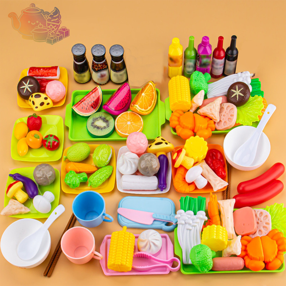 100pcs Pretend Play Food Set, Simulation Hot Pot Fruits Vegetables Play Food with Tableware, croissants Durable plastic, Kitchen Pretend Play House Toys, Cooking Role Play Toy for Kids Ages 3 and Up