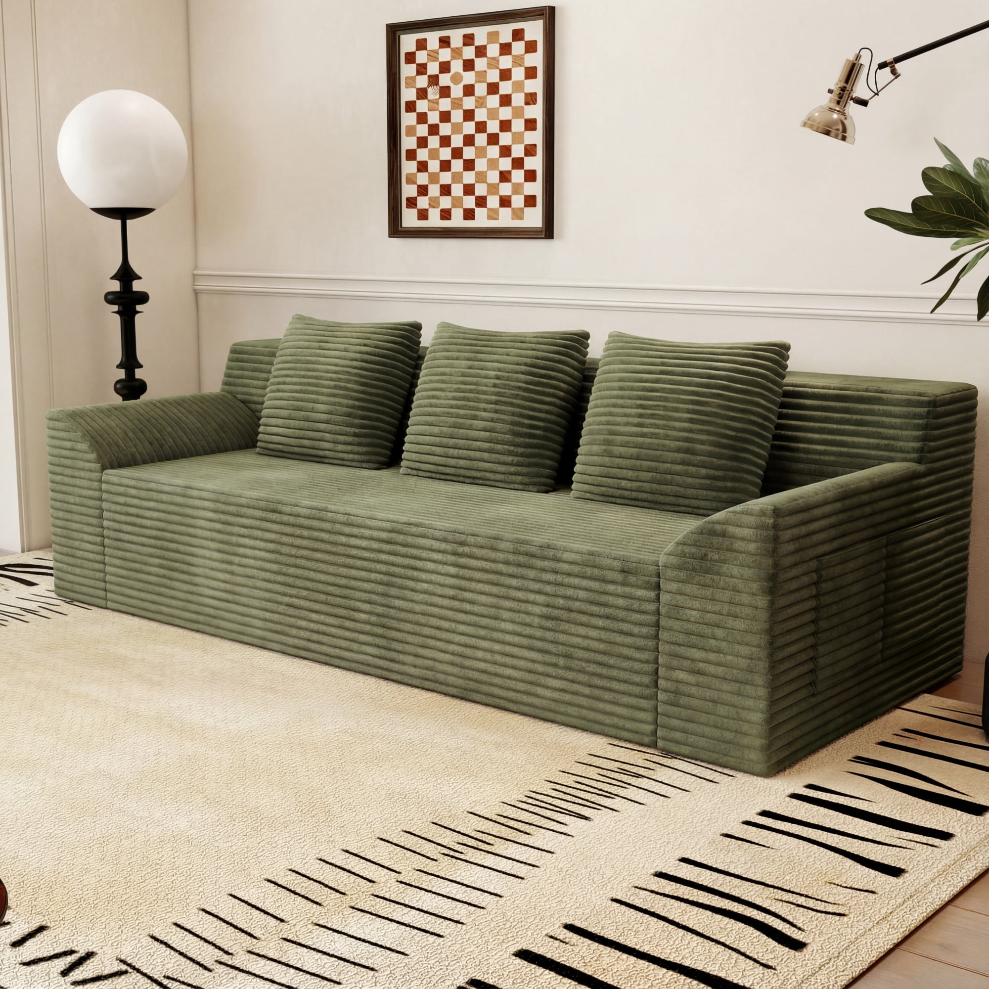 HOQBN 71" Boneless Sofa for Living Room,3 Seater Deep Seat Couch with 3 Pillows,Comfy Corduroy Cloud Couch with Curved Armrests for Bedroom, Office, Apartment, No Assembly,Antique Green