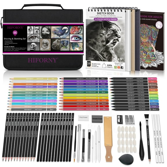 HIFORNY 100 PCS Drawing & Sketching Set, Professional Art Supplies with Graphite,Charcoal, Colored,Watercolor,Metallic Pencils,Blending Tools,Sketchbook and Coloring Book in Zipper Case（Black）