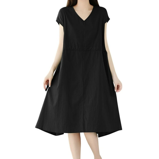 hoksml Robe Ample en Coton et Lin pour Femmes Couleur Unie Col en V Manches Courtes Robes de Plage Été Ligne A Robe d'Été 2025 en Liquidation