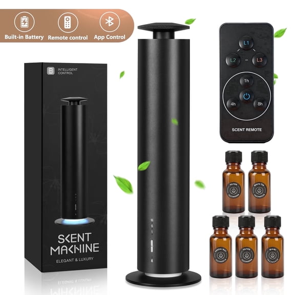 Waterless Scent Diffuser Starter Kit for Large Spaces - Aromatherapy Diffuser 2000 Sq ft Coverage with 5 Premium Oils & Remote Control, Hotel-Grade Black Diffuser for Home OR Office
