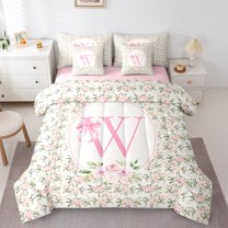 Castle Fairy Teens Boys Girls Bowknot Personalized Initial W 7-Piece Twin Bedding Sets,Chic Flower Rose Bedding Comforter Set,Dreamy Princess Breathable Sheet Sets,Microfiber Bedroom Decor