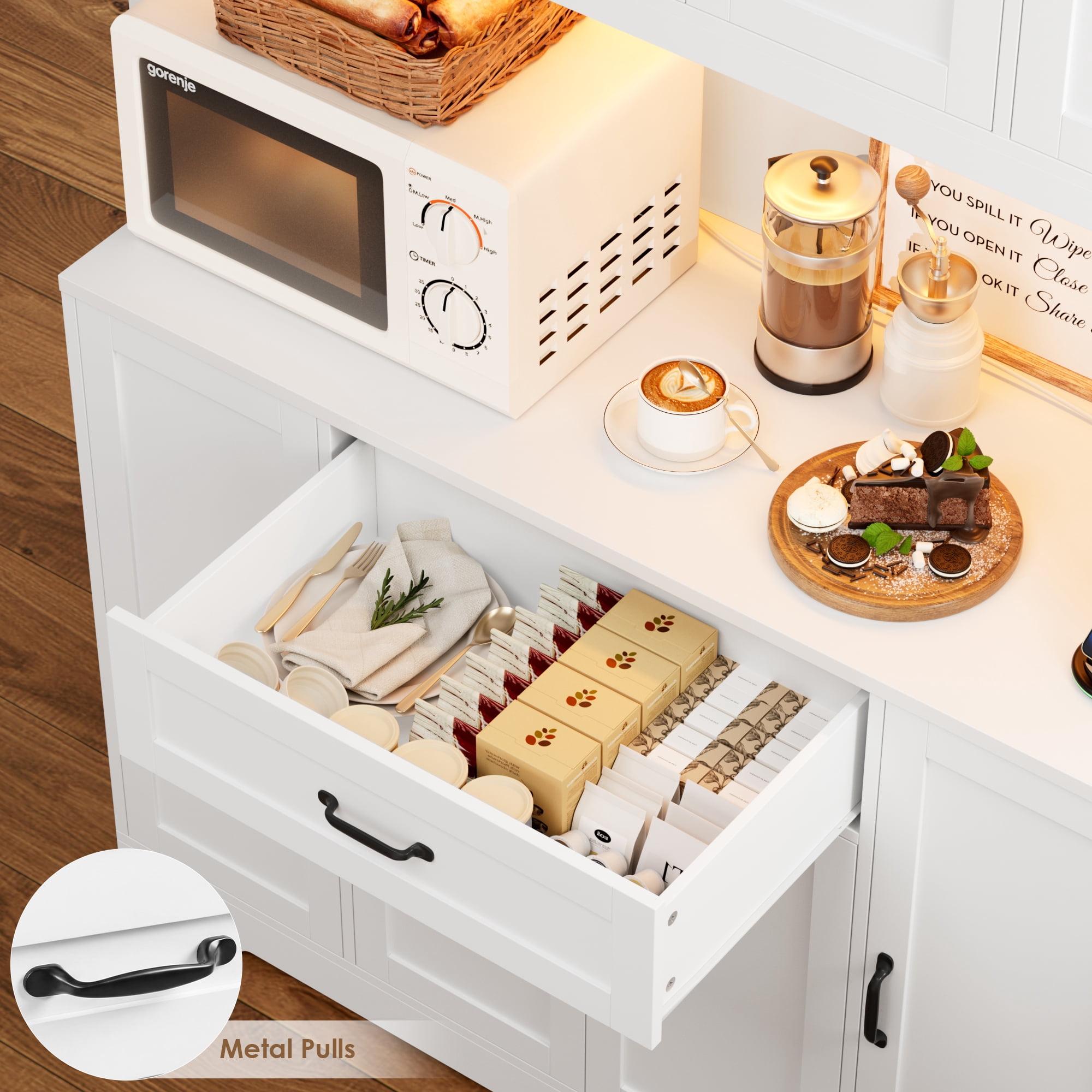 Homfa 70'' Tall Kitchen Pantry Cabinet with Charge Station & Led Light, 8 Door Hutch Storage Cabinet with Storage Drawer & Adjustable Shelves & Microwave Stand, White