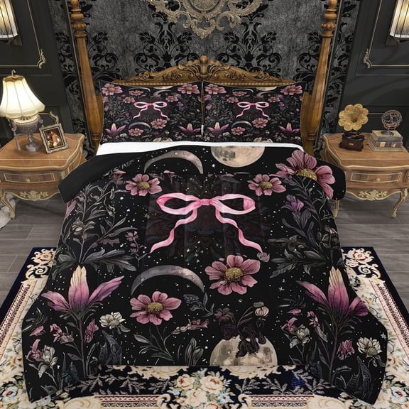 Homewish Chic Pink Flowers 2pcs Bedding Comforter Set For Teens Boys Girls,Kawaii Cute Bow Twin Comforter Sets,Exotic Style Breathable Bedding Set,Lightweight Room Decor,Reversible