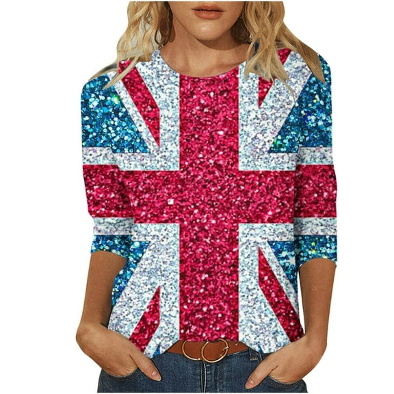 WREESH Womens Graphic Tees Great Britain Uk Flag T-Shirts Casual 3/4 Sleeve T-Shirts Vintage Print Shirts Crewneck Tunic Tops Loose Fit Pullover Blouses Red