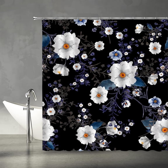 Boho Black Floral Shower Curtain Rustic Vintage Wildflower Plant Green Leaves Botanical Fabric Curtain Bathroom Decor