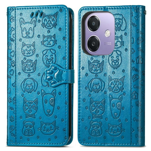Funda Cartera FOXDOCK para OPPO A3 4G , Flip PU con Relieve de Gatos y Perros, Tarjetero y Soporte