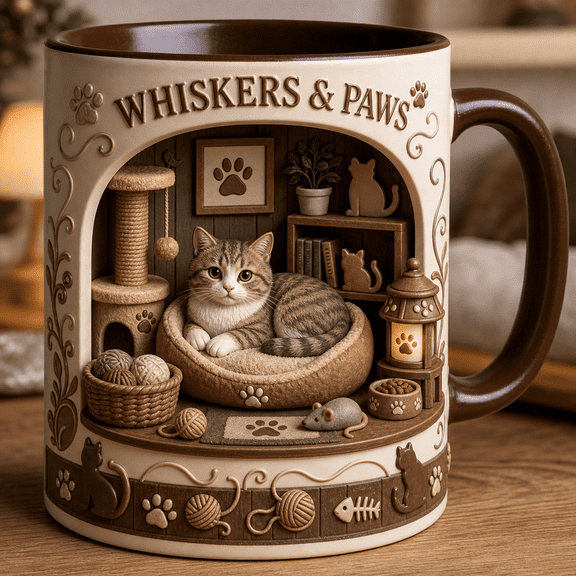 Cat Lover Mug Whiskers & Paws Cute Pet Gift for Coffee, Tea, Cat Moms and Cat Dads