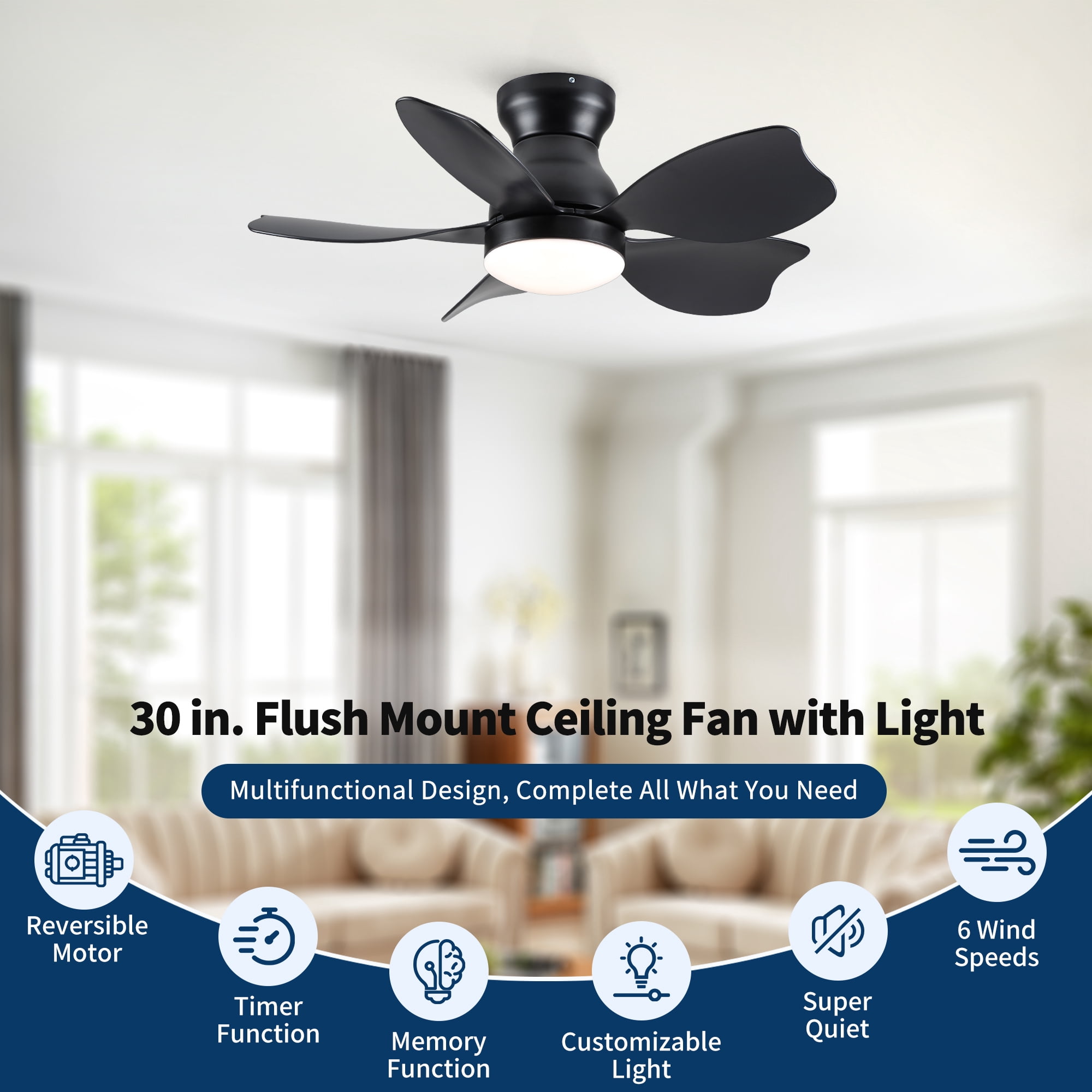 Leumius 30" Small Low Profile Flush Mount Ceiling Fan Lighting with Remote Control for Small Children Room
