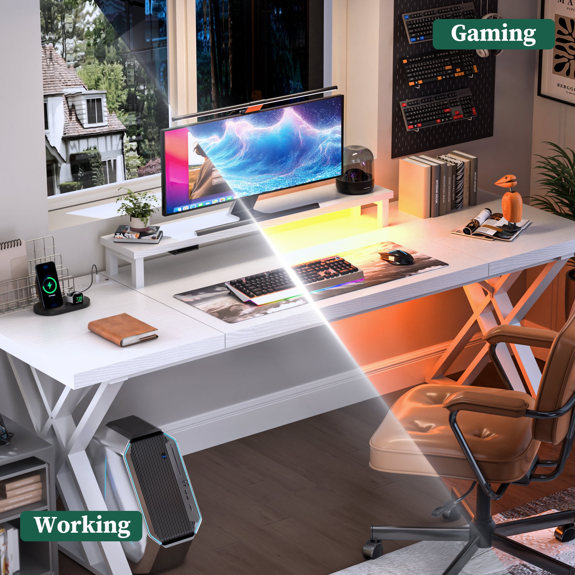 Executive Office Desk, Holaki 70.8" Large Farmhouse Wooden Office Desk with Desktop Stand and Charging Station, Study Writing Table Computer Desk Workstation for Home, White