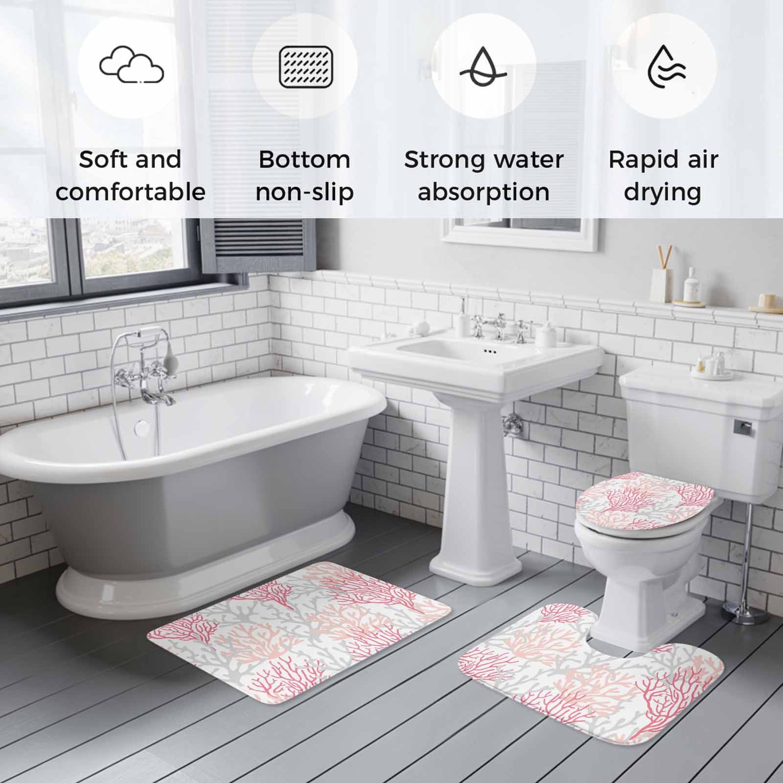 Pink Grey Coral Coastal Bath Mat 3 Piece Bathroom Rug Set, Summer Beach Seaside Nautical Non Slip Bath Rug Contour Mat and Toilet Lid Cover, Absorbent Shower Mats Soft Bath Rugs and Mats Sets