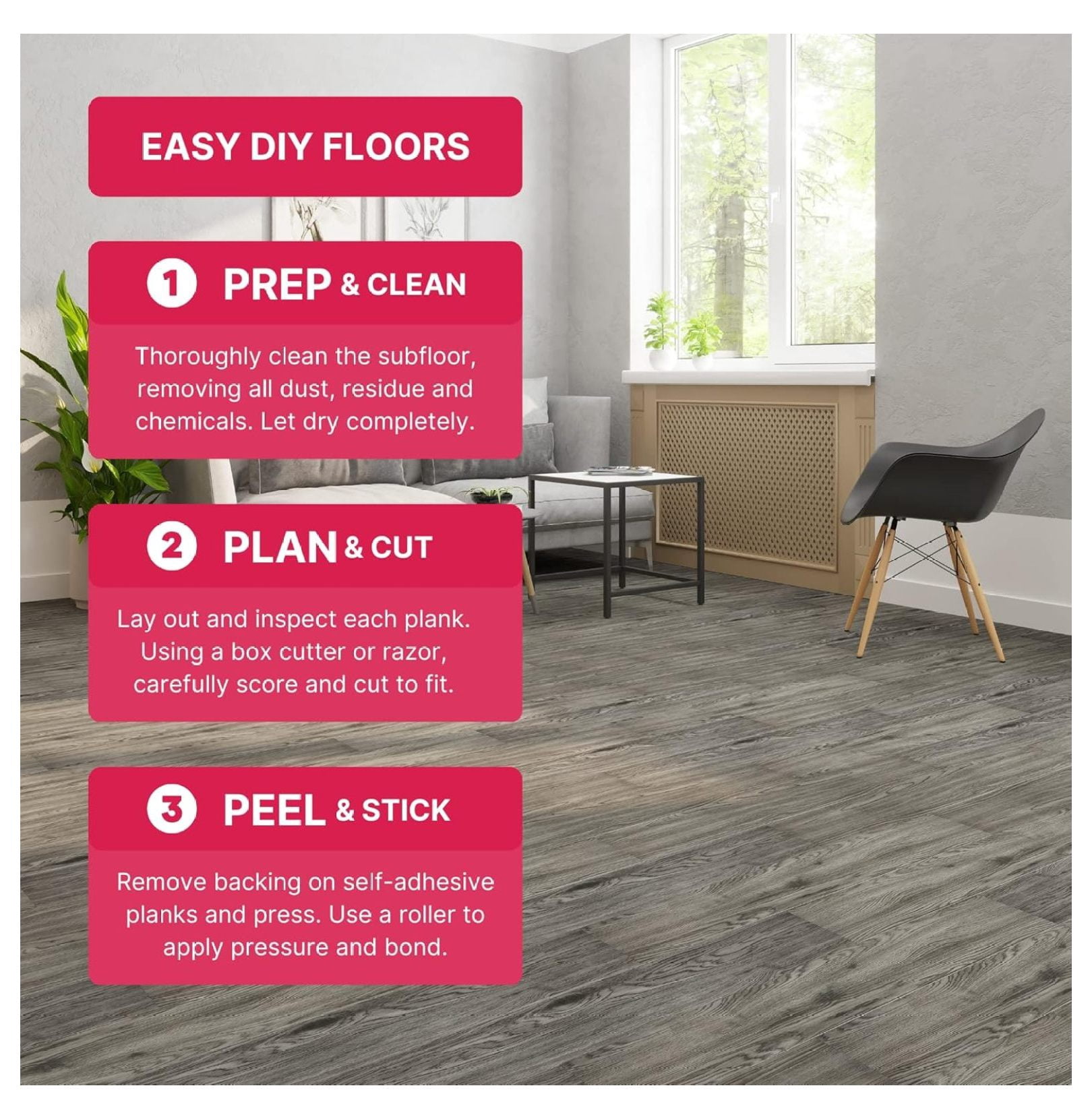 Luxury Vinyl Flooring Tiles-Peel and Stick Floor Tile for DIY Installation-36 Wood-Look Planks-Greyscale-BaseCore-54 Sq. Feet