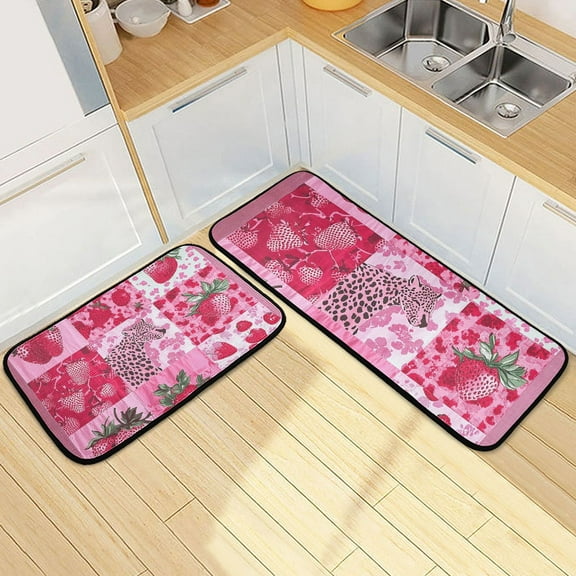 Pink Cheetah Strawberries Kitchen Mats Non Slip Standing Desk Mat Runner Rug Washable Kitchen Rugs for Floor 2PCS