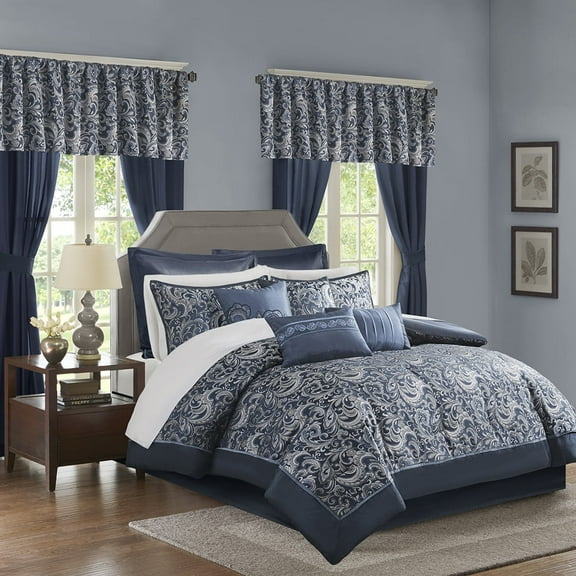 Regency Heights 24PCs Traditional Paisley Jacquard Comforter Set with Window Curtains,Room in a Bag,Queen,24 Pieces-Navy
