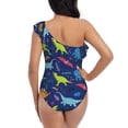 thumbnail image 5 of Uemuo Dinosaurs Print Women's One Piece Swimsuit Asymmetrical Neck Bathing Suit One Shoulder Side Cutout Ruffle Swimwear-Medium, 5 of 6