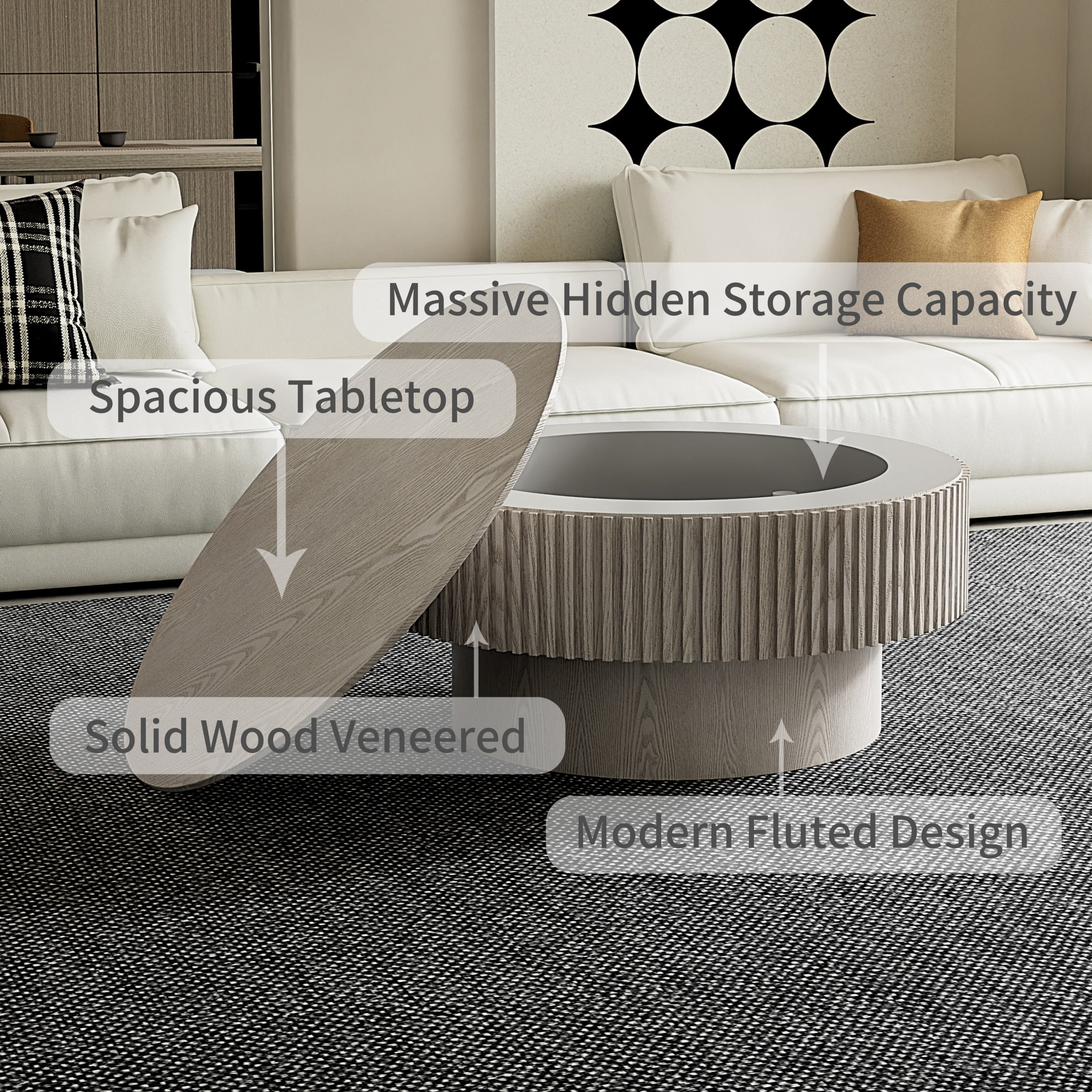 31.5'' Round Coffee Table with Hidden Storage Compartment, Solid Wood Veneered Modern Fluted Accent End Tea Table