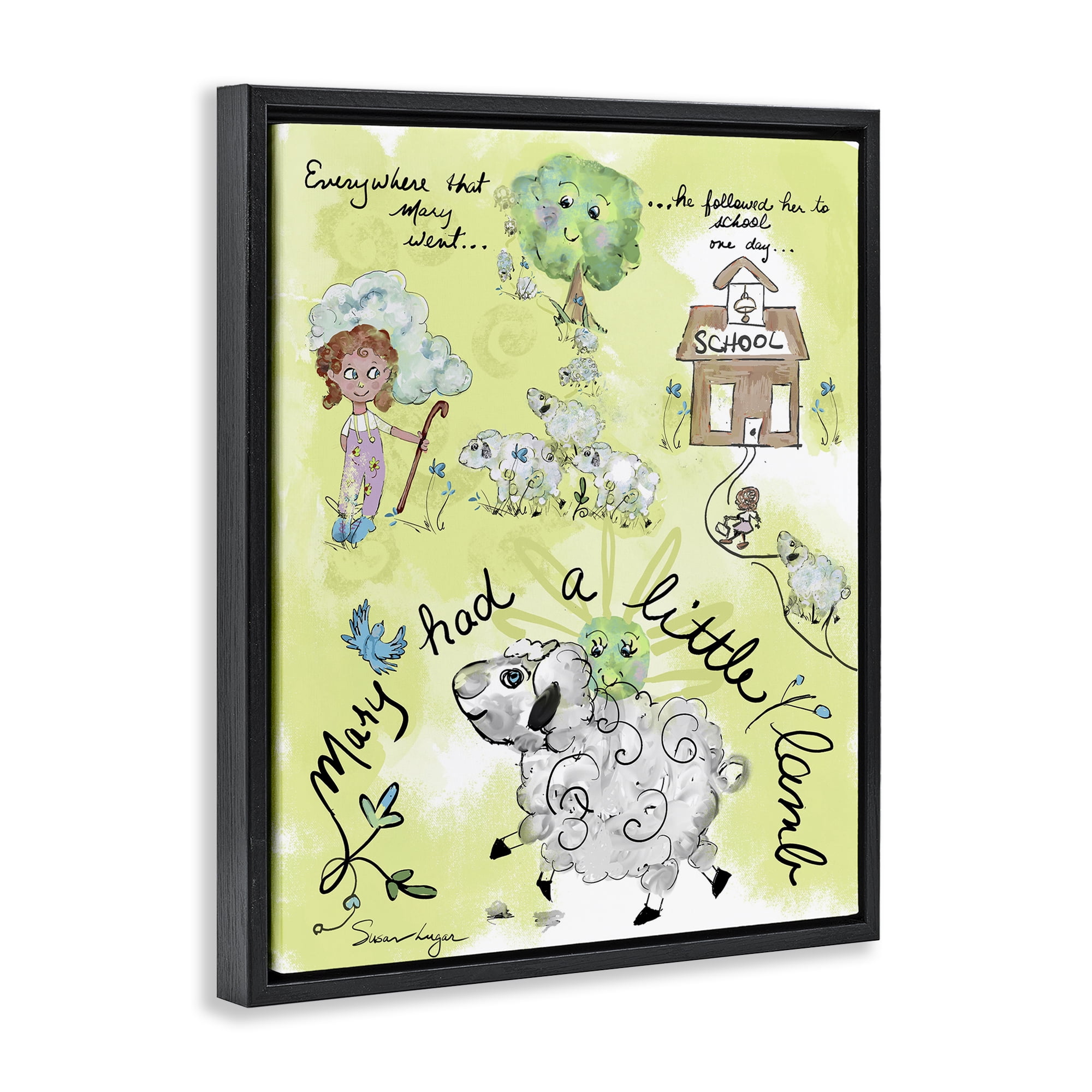 Stupell Industries Little Lamb Nursery Rhyme Black Framed Floater Canvas Wall Art, design by Susan Lugar