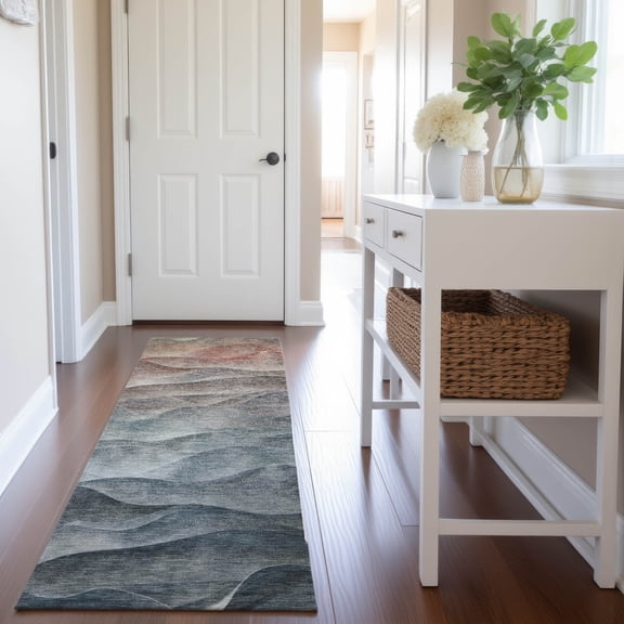 Addison Rugs Mayfield Premium Machine Washable Transitional Waves Teal Runner Rug, 2'3" x 7'6"