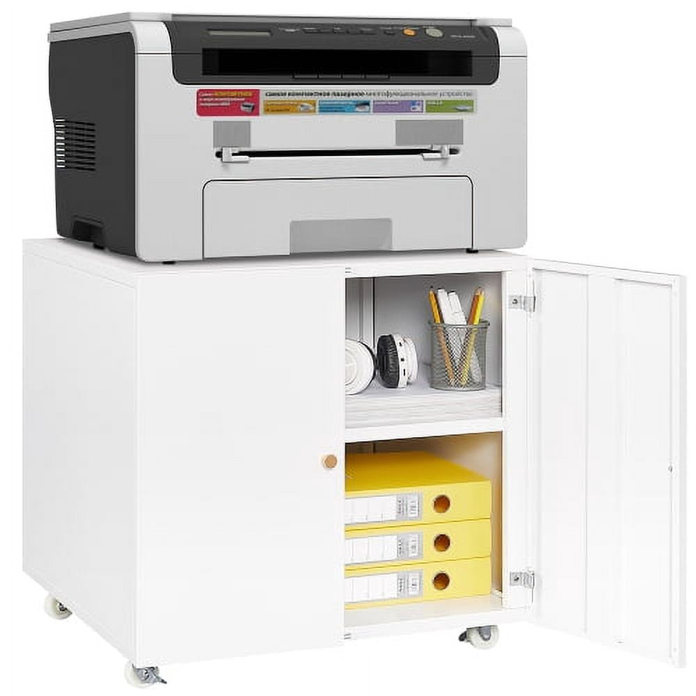 Mobile file cabinet with 4 wheels, Metal Printer Stand with Storage Mobile Printer Tables for Small Spaces with Door Adjustable Shelf File Cabinet on Wheels for Home Office (White)
