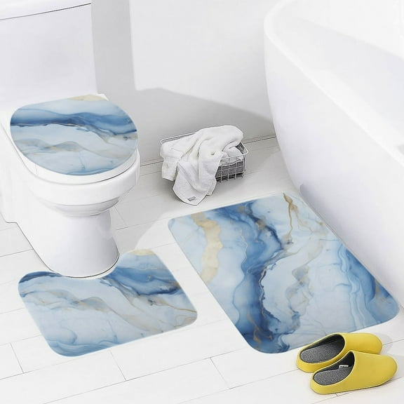 Marble Blue Greene Purple And Gold Stripes 3 Piece Bath Rugs Mat Set, Flannel Mats, Machine Washable Carpets Mat for Bathroom Kitchen, Tub Toilet Contour Mat Lid Cover
