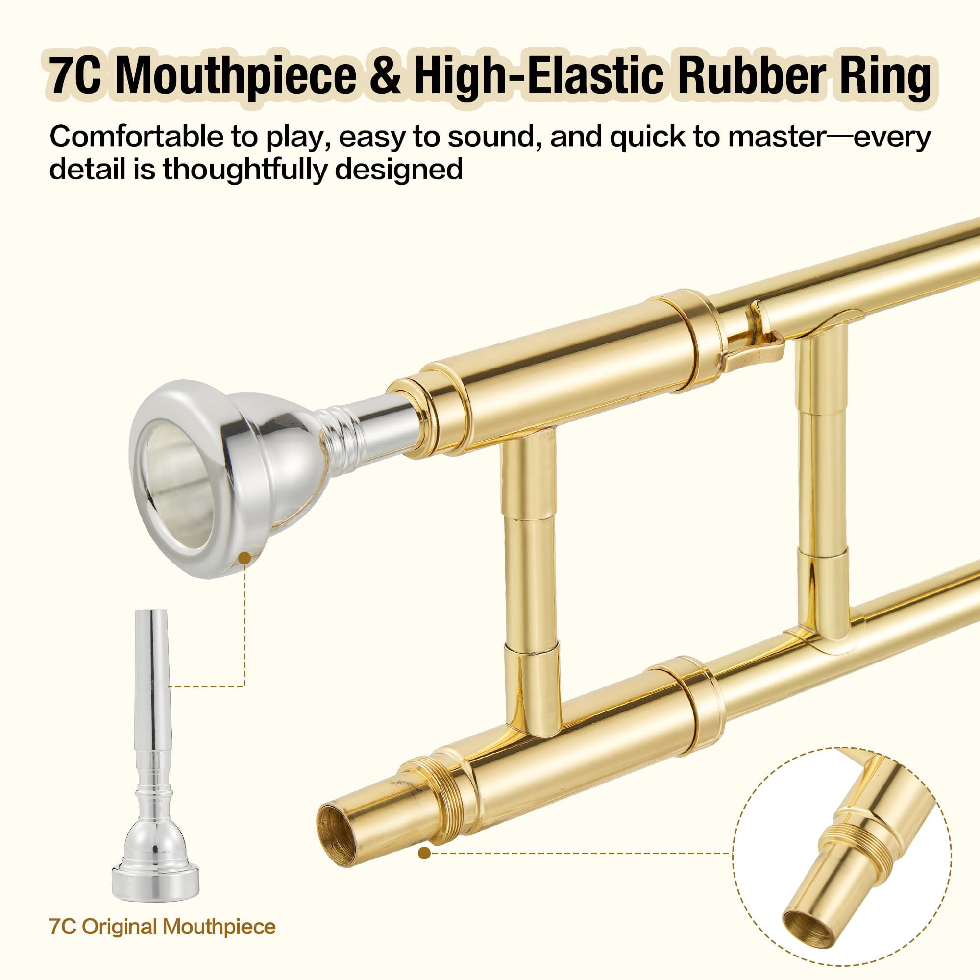 Garvee B Flat Alto Trombone for Beginners - Brass Trombone with Mouthpiece, Case, Cleaning Cloth, Gloves and Cleaning Rod, Professional Musical Instruments for Students - Gold Lacquer