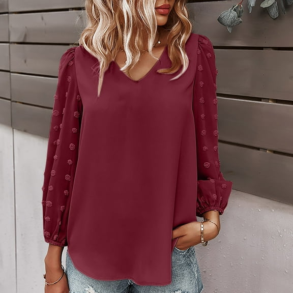 Oalirro Going out Tops for Women Deals Clearance Women's Fashion Summer Solid Color V-Neck Long Sleeve Chiffon Tops