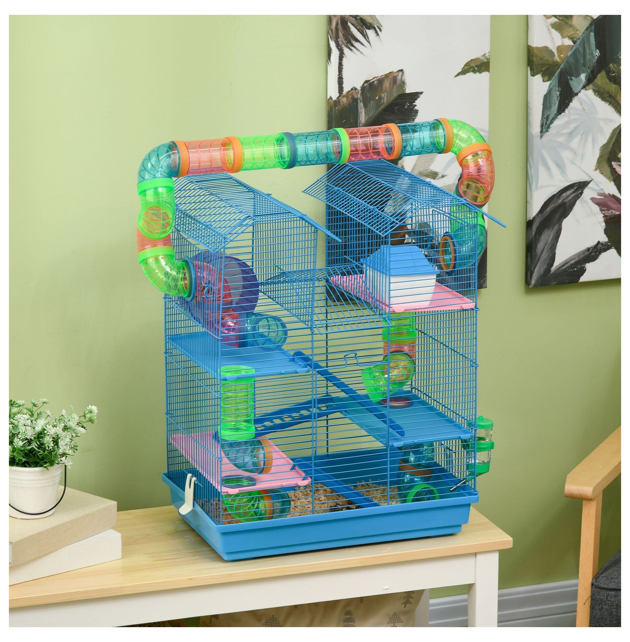 Hamster Cage 5-Tier Extra Large, Small Animal House with Wheel & Tubes, Blue